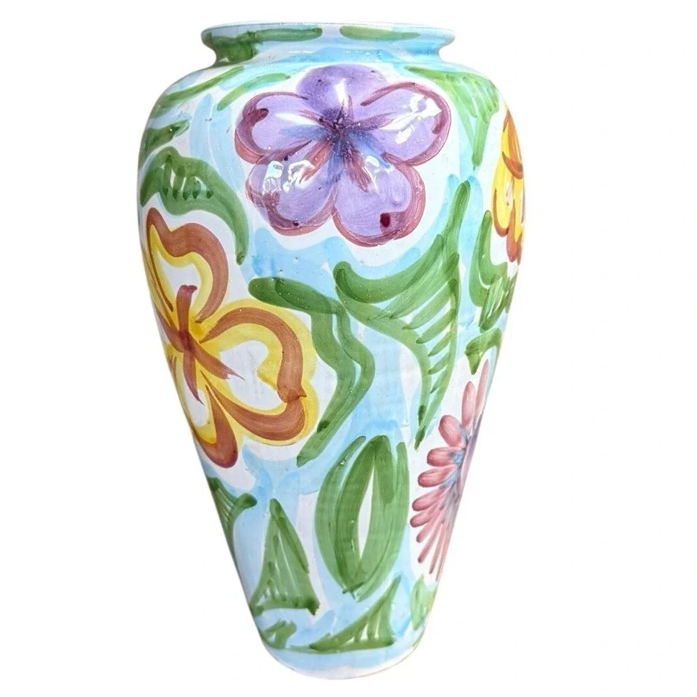 Vintage Pier 1 Imports Large Hand Painted Ceramic Vase Made in Italy Floral 13.7